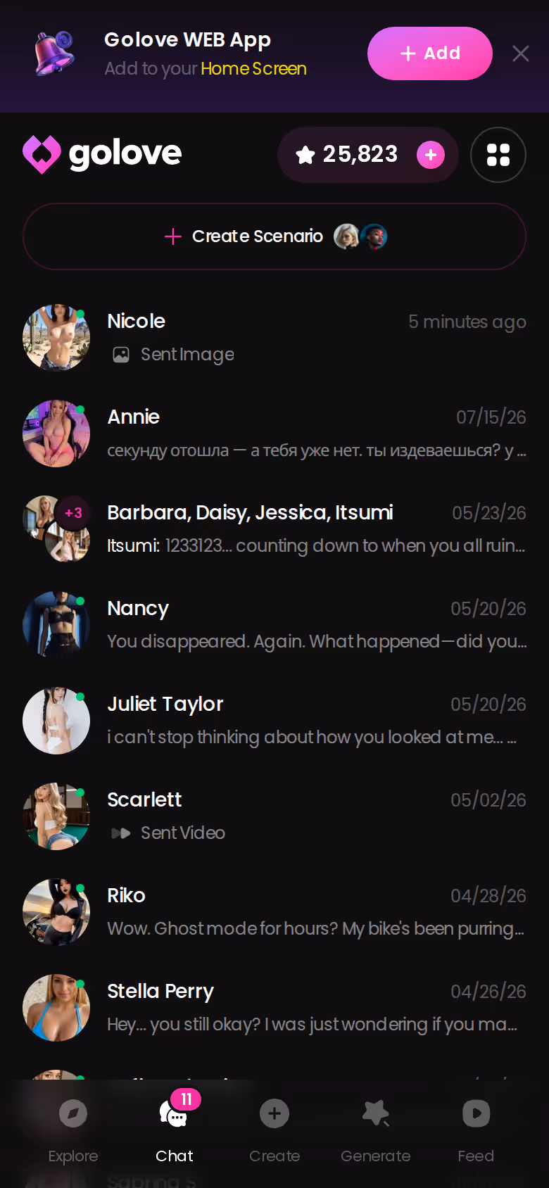 GoLove.ai mobile chat list showing multiple active companions side by side