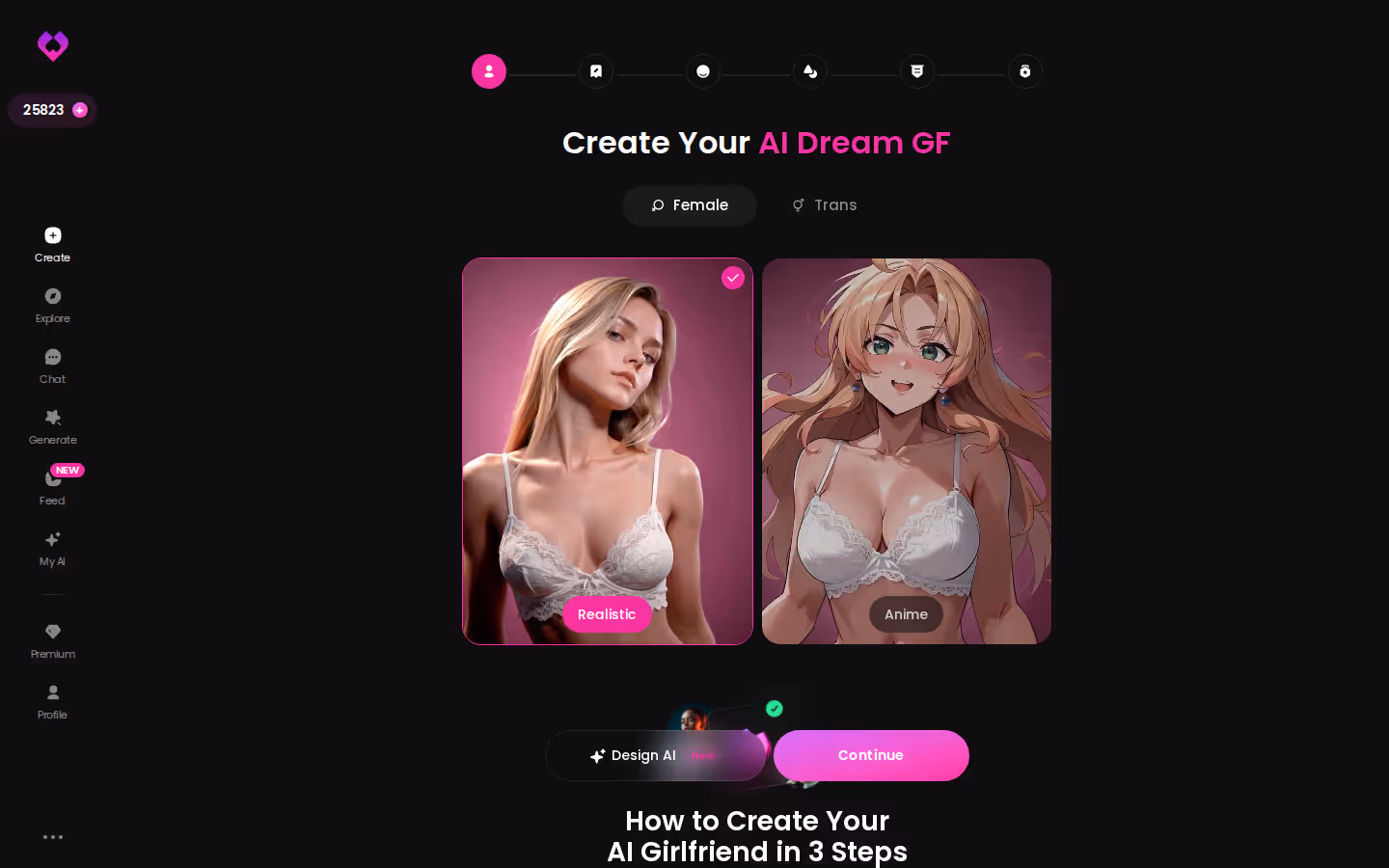 GoLove Create wizard on desktop with the Female/Trans toggle, Realistic vs Anime cards and Design with AI shortcut
