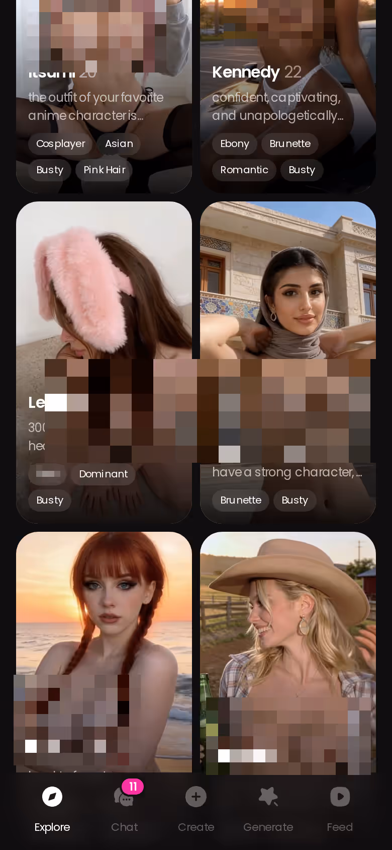 GoLove.ai mobile Explore grid of realistic AI girlfriends, each opening straight into chat