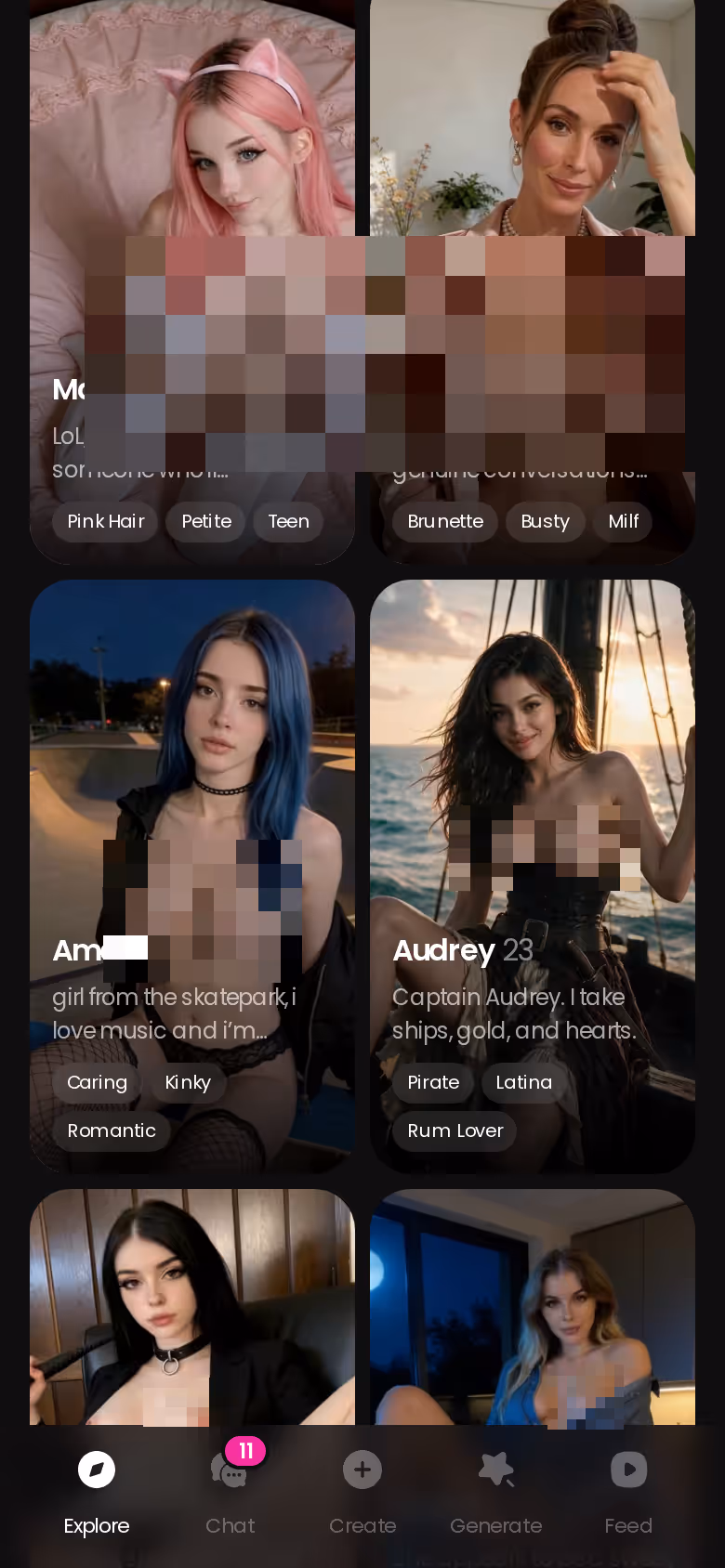 GoLove.ai Explore page on mobile showing realistic AI characters ready to chat