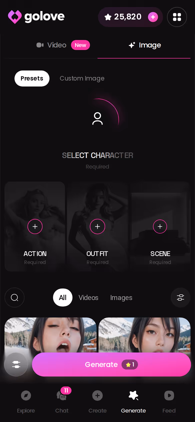 GoLove Image mode on mobile with pose, outfit and background presets stacked before a one-tap render
